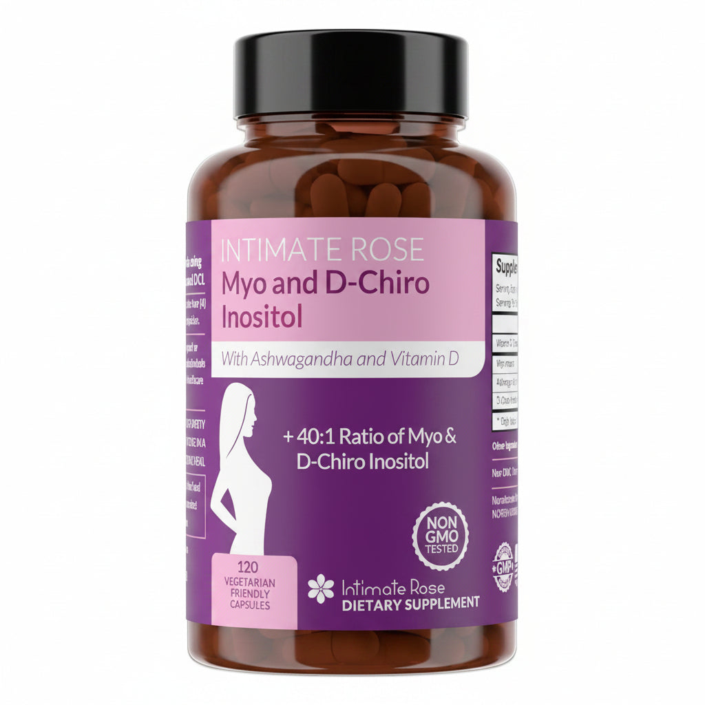 Intimate Rose Suplemento de Myo-Inositol y D-Chiro Inositol para Mujeres - Equilibrio Hormonal y Soporte Ovárico para Mujeres - Relación Ideal 40:1, Vitamina D3 + Ashwagandha