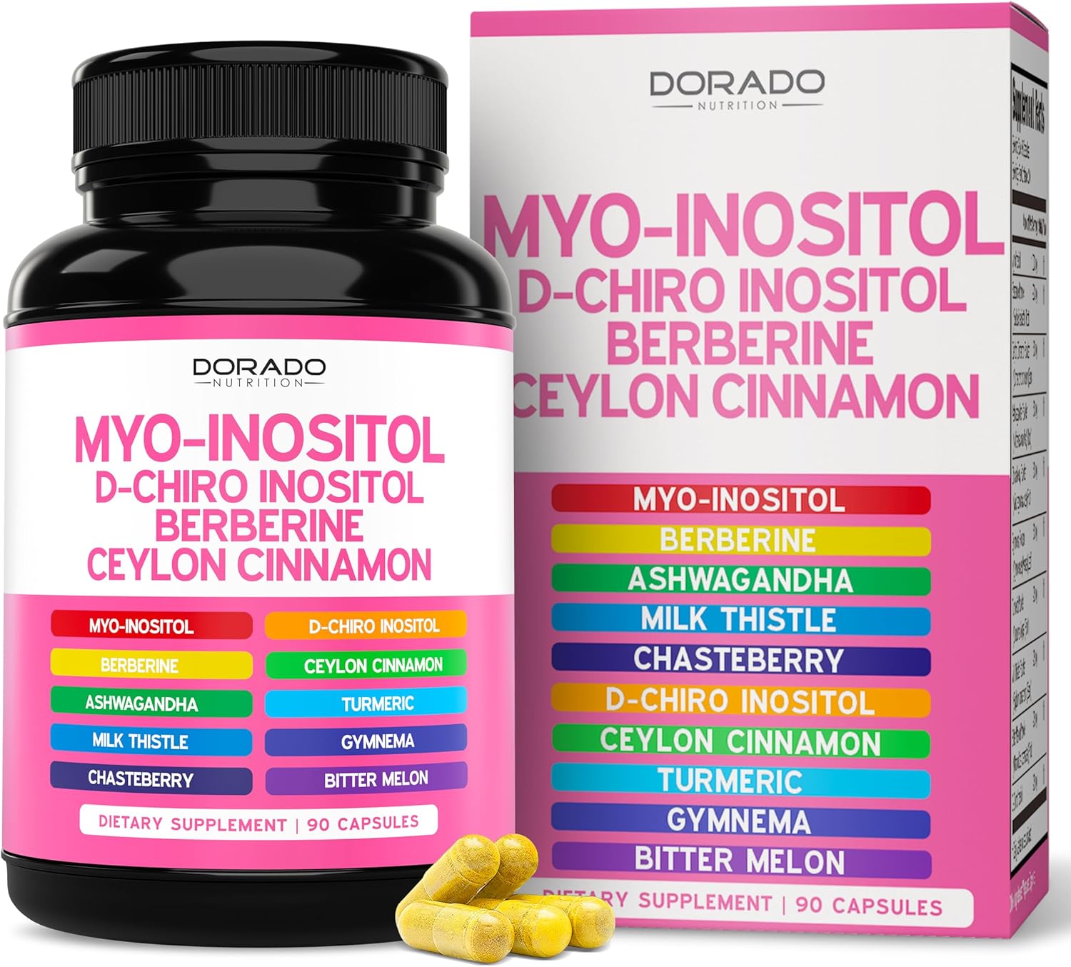 Suplemento de Mio-inositol y D-quiro-inositol para mujeres (90 cápsulas, proporción 40:1 de mio inositol) Equilibrio hormonal para mujeres - Fórmula 10 en 1 - Testado por terceros, seguro para veganos