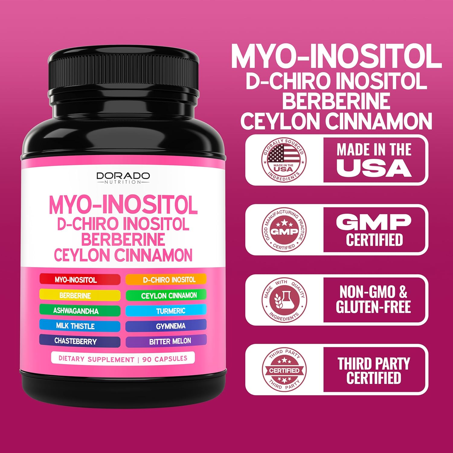 Suplemento de Mio-inositol y D-quiro-inositol para mujeres (90 cápsulas, proporción 40:1 de mio inositol) Equilibrio hormonal para mujeres - Fórmula 10 en 1 - Testado por terceros, seguro para veganos